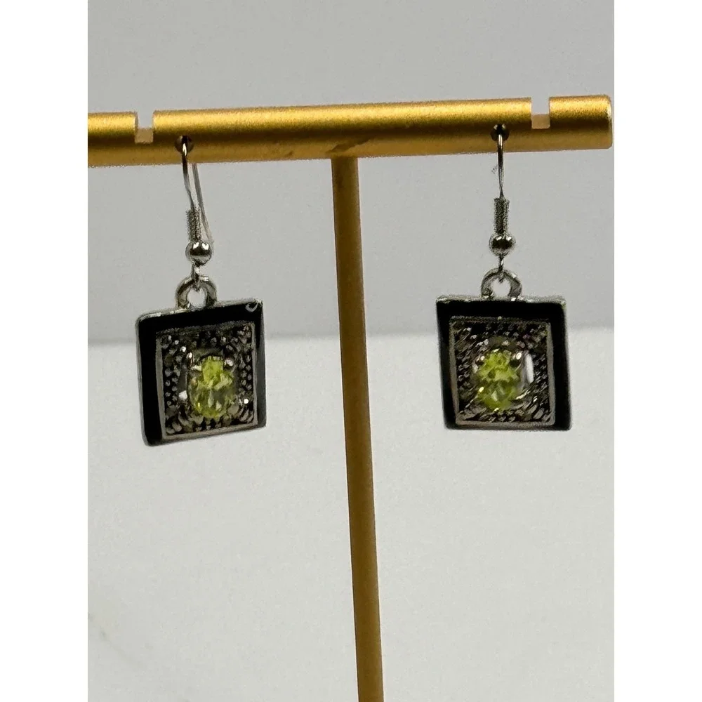 Vintage Square Black Enamel Peridot Green Silver Tone Drop Earrings Y2K 90s Goth